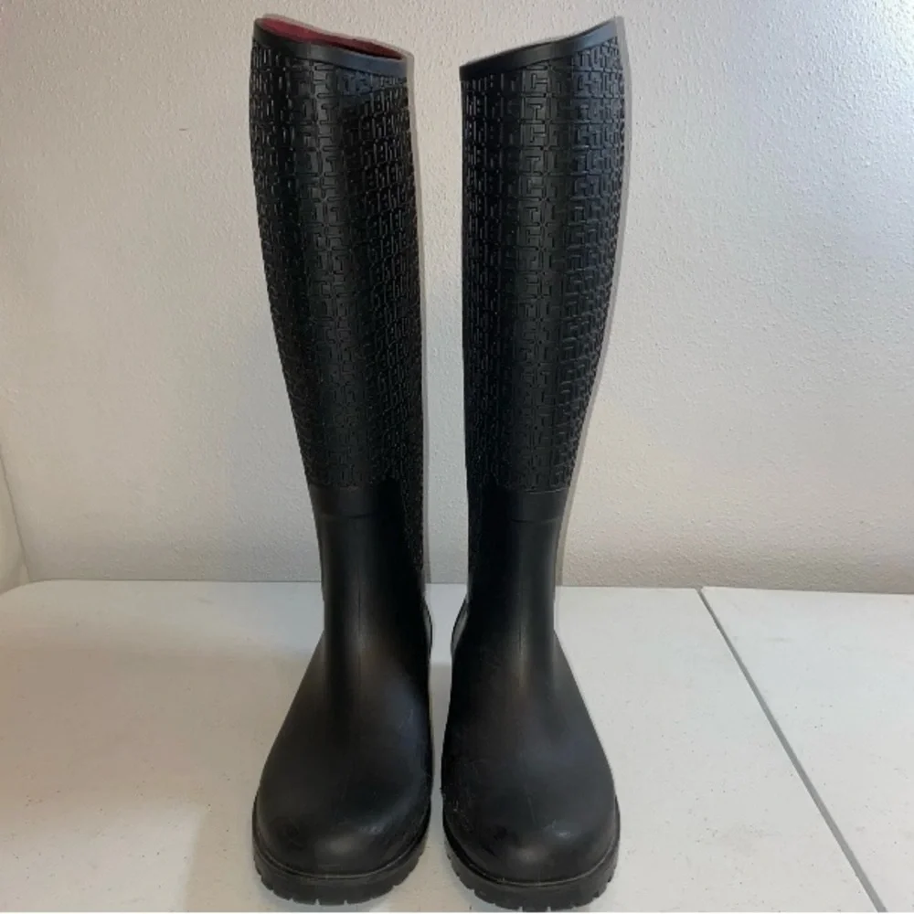 Tommy Hilfiger Black Women's Rain Boots‎ Textured Monogram READ
